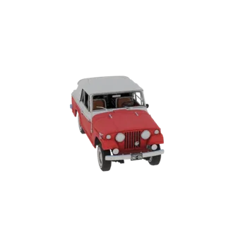 Un modello 3D di una Jeep convertible vintage rossa e bianca, vista da un'angolazione anteriore destra leggermente elevata su