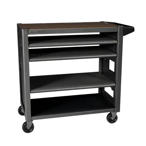 Garage Tool Cart 3D model, side profile view, technical viewport render, showing steel frames, stable fixtures.