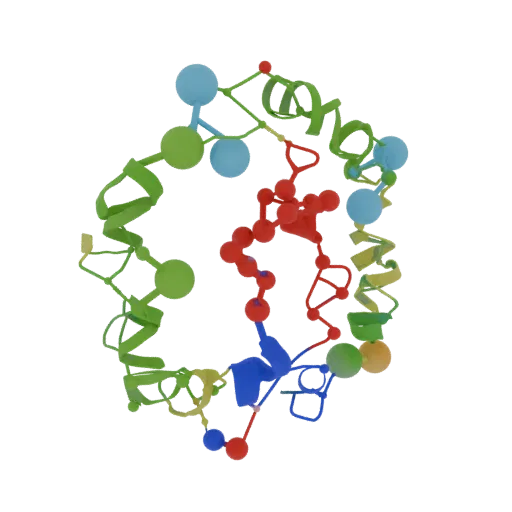 Protein Style Chain 3D model, side profile view, technical viewport render, showing colored spheres, molecule layout.