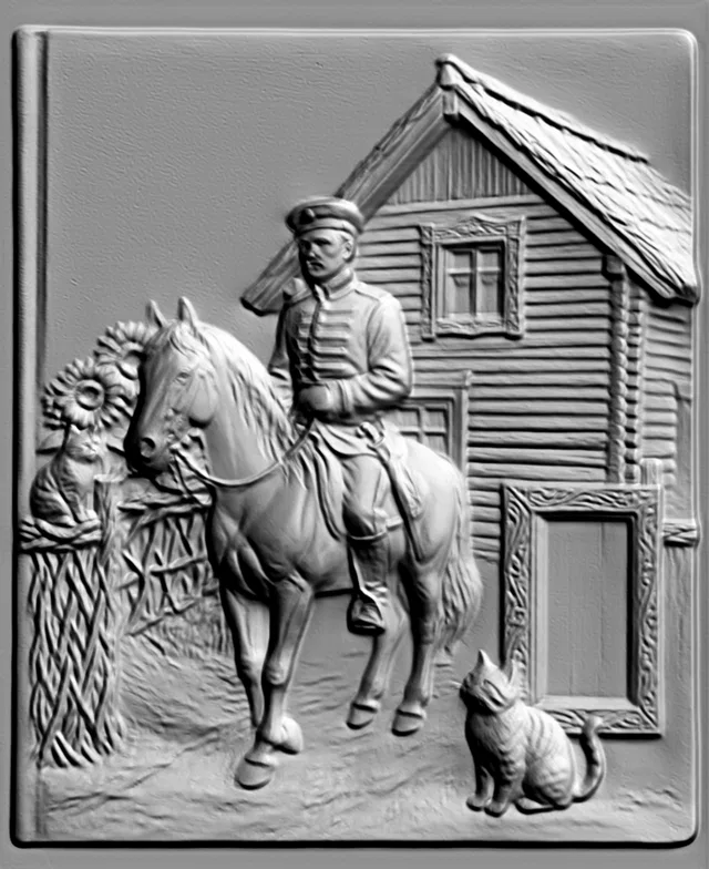 Modèle 3D bas-relief : cavalier sur un cheval devant une maison en bois, avec tournesols et deux chats
