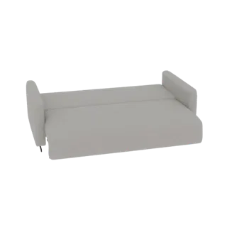 3D-Modell eines modernen hellgrauen Schlafsofas mit klaren Linien und weicher Polsterung, aus einer leicht erhöhten Seitenans