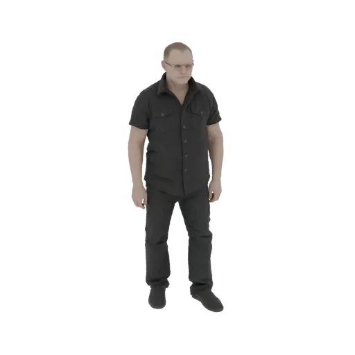 3D model of a man wearing a black button-up shirt and dark jeans, standing in a neutral pose.