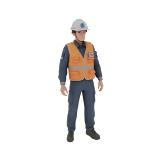 Modello 3D ingegnere Rosatom con casco bianco, gilet arancione e tuta blu, in posa neutra.