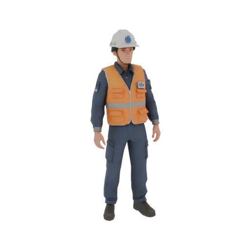 Modelo 3D de engenheiro da Rosatom com capacete branco, colete laranja e macacão azul, em pose neutra.