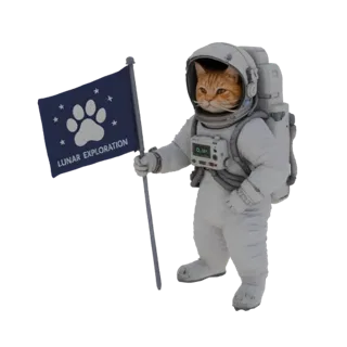 3D model of a ginger cat wearing a white astronaut suit and helmet, holding a dark blue flag with a paw print and 'Lunar Expl