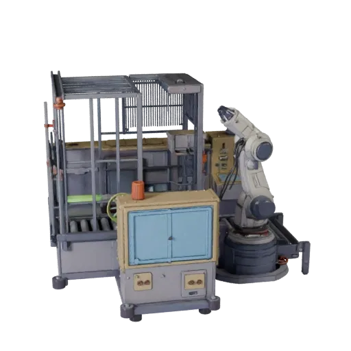Packaging Robot Cell Stylized 3D model, stylized isometric render, showing painted steel, machine stations.