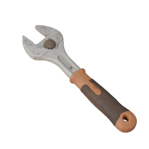 Worn Wrench Realistic 3D model, three-quarter studio render, showing painted metal, functional silhouettes.