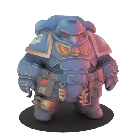 3D model of a stout, blue-armored Space Marine with red eyes, illuminated by pink and blue light.