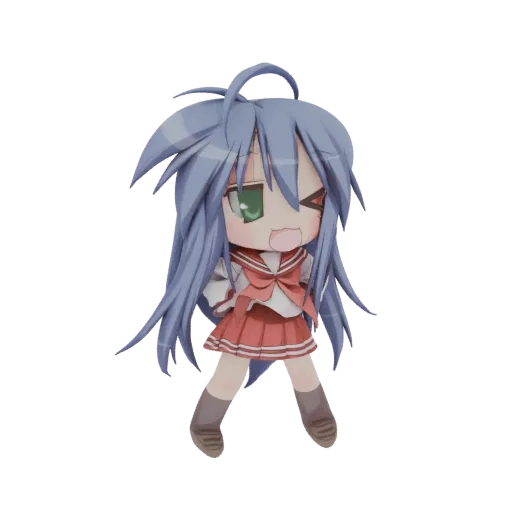 Modelo 3D de Chibi Konata Izumi de Lucky Star, uma garota anime fofa com cabelo azul em uniforme escolar, em pose dinâmica.