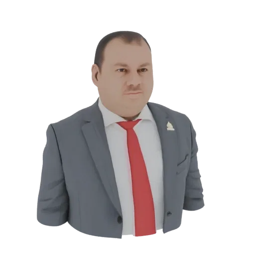 3D model of a man in a gray suit and red tie, facing forward with a neutral expression.