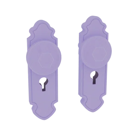 A 3D model render of two ornate, lavender-colored door handle sets, each with a round knob and a keyhole, set against a white