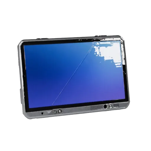 Rugged Tablet Phone 3D model, three-quarter front view, AR viewer studio render, showing glass screens, form detail.