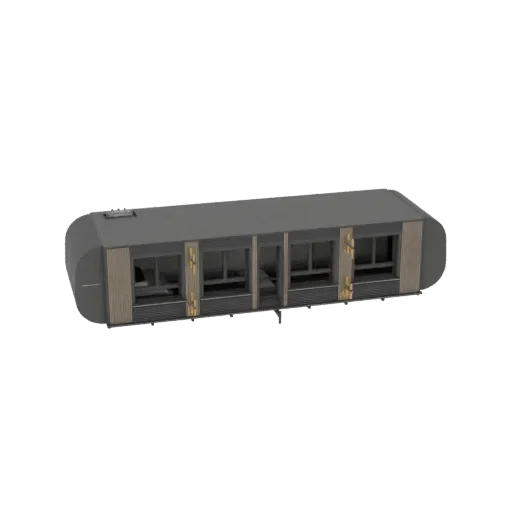 3D-Modell eines modernen modularen Pod-Gebäudes mit dunkler Außenseite, großen Glasfenstern und vertikaler Holzverkleidung.