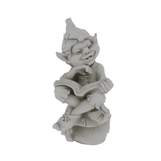 3D model render of a light-colored gnome statue sitting on a mushroom, reading an open book with a cheerful expression.