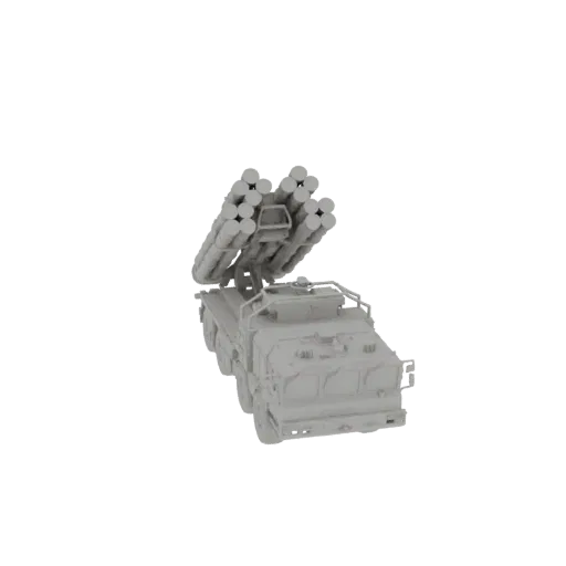 3D model of a BM-21 Grad multiple rocket launcher, shown from a three-quarter front view against a white background.