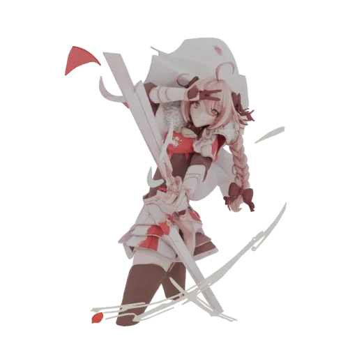 3D model of an anime warrior with a sword and a white scarf, in a dynamic action pose.