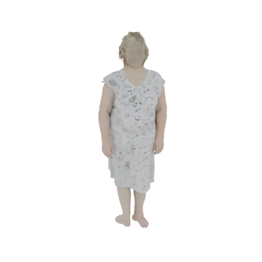 Modello 3D di donna con camicia da notte bianca a fiori blu, in piedi con le braccia lungo i fianchi.