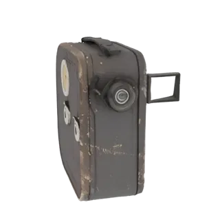 Side view of a 3D model of a vintage portable film camera with a dark, weathered finish and visible lens.