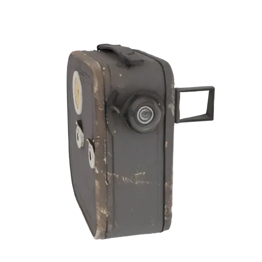 Side view of a 3D model of a vintage portable film camera with a dark, weathered finish and visible lens.