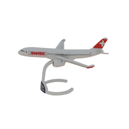 Modello 3D di un aereo Airbus A330 Swiss International Air Lines su un supporto bianco, su sfondo nero.
