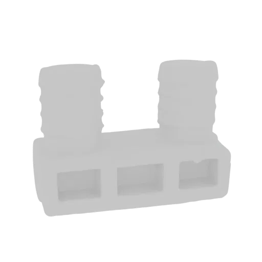 Rendu 3D d'un connecteur électrique blanc en forme de U avec deux terminaux cylindriques nervurés et une base à trois section