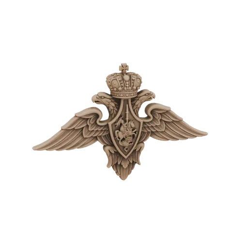 3D model of the Russian double-headed eagle emblem with crown and knight, rendered in bronze.