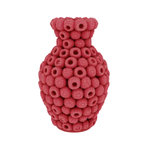 3D model of a vase constructed entirely from red raspberries, showcasing intricate detail and organic texture.