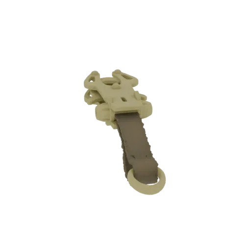 Modèle 3D d'une boucle tactique beige avec sangle et anneau en D, isolé sur fond blanc.