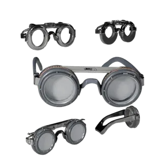 Round Goggles Stylized 3D model, stylized isometric render, showing transparent lenses, face-worn scale.