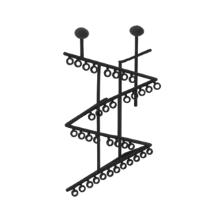 A 3D render of a black, zigzag-shaped tiered jewelry display stand with many small rings for hanging accessories.