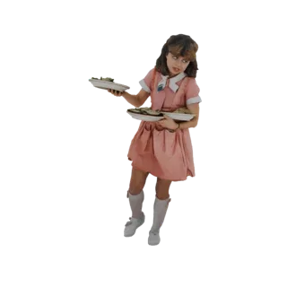 Modello 3D di una giovane cameriera in abito rosa, che tiene due piatti di cibo, con un'espressione amichevole.