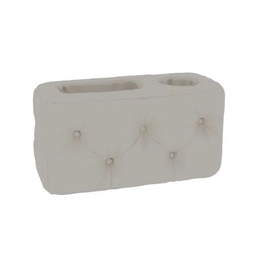 A 3D render of a light-colored, tufted upholstered ottoman with two open storage compartments, set against a black background