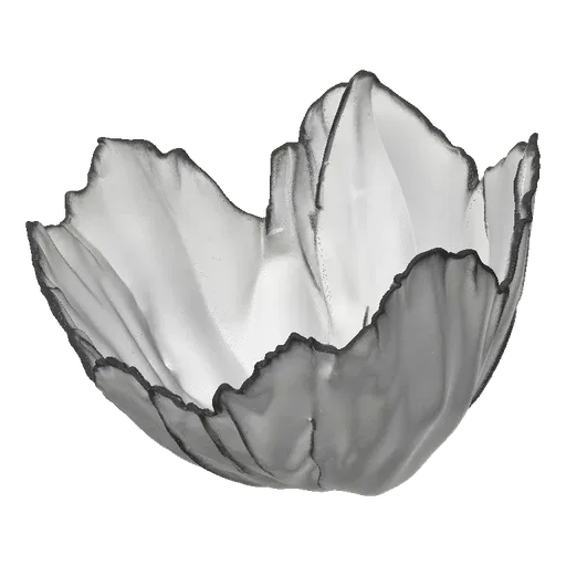 A 3D model of a translucent, iridescent bowl with wavy, organic edges, displayed against a white background.