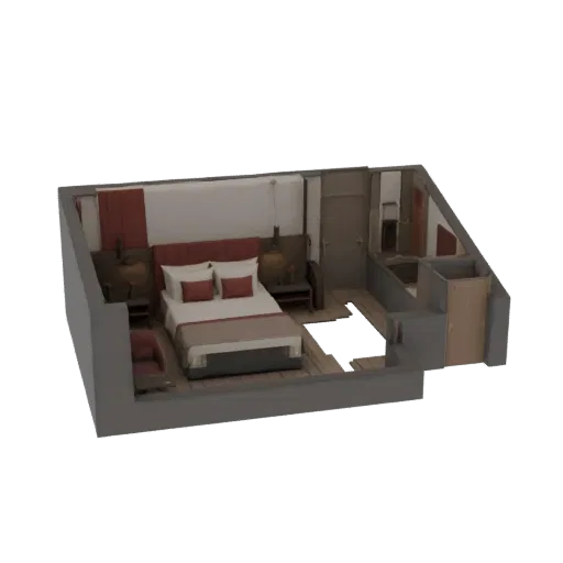 3D model of a modern hotel room with a bed, bedside tables, and an open bathroom area.