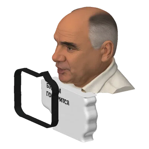 3D model of a man's bust with a microphone and Russian text, rendered with realistic detail.