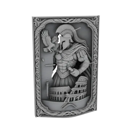 3D model render of a Roman warrior in armor with an eagle and the Colosseum, set within an ornate frame.