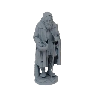 Modelo 3D de um mendigo idoso com capa com capuz, segurando uma cesta de esmola e um bastão, em pé sobre uma base texturizada