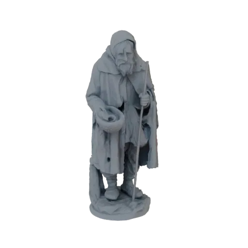 3D model of an elderly beggar wearing a hooded cloak, holding a begging bowl and a staff, standing on a textured base.