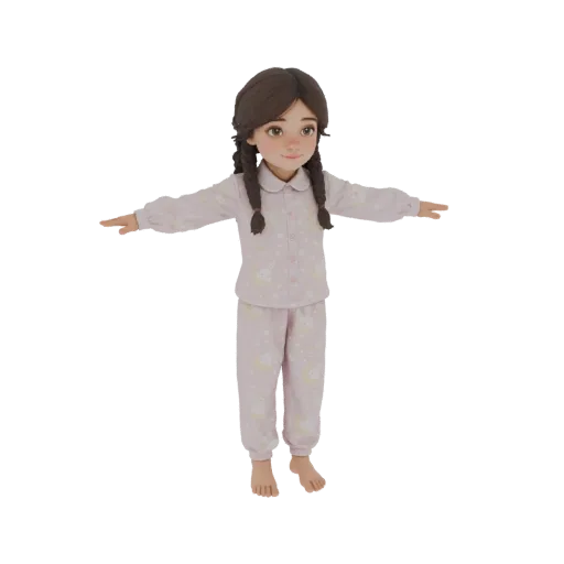 3D model of a cute young girl with brown braided hair, wearing pink pajamas with moon and bunny patterns, standing in a T-pos