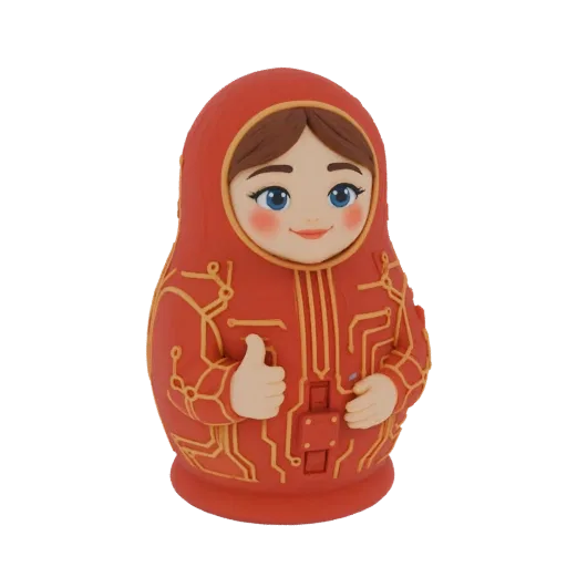 3D model of a red Matryoshka doll with gold circuit board patterns, giving a thumbs-up.
