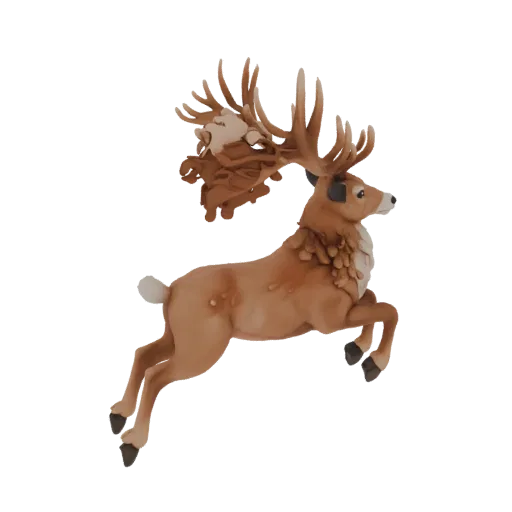 3D model of a stag beetle deer in a jump, with large antlers and detailed fur, on a black background