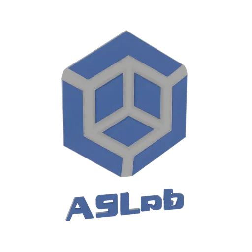 3D model of the ASLab logo, featuring a blue hexagonal cube with grey accents and the ASLab text below.