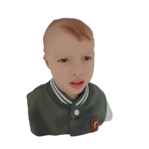3D model of a young boy with light brown hair wearing a green bomber jacket, looking slightly to the side with an open mouth.