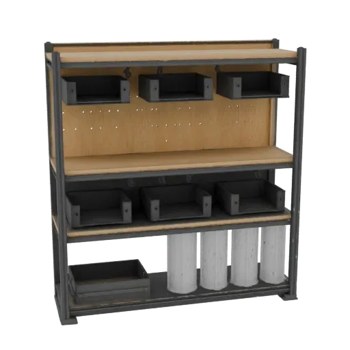 Maker Parts Rack Printable 3D model, isometric STL render, showing steel frames, stable fixtures.