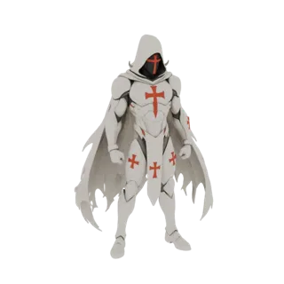 3D-Modell eines Templerritters in weißer Rüstung mit roten Kreuz-Symbolen und fließendem Umhang, stehend vor weißem Hintergru