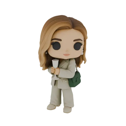 3D model of a stylish woman in a beige suit, holding a champagne glass and a green handbag, with blonde hair and elegant earr