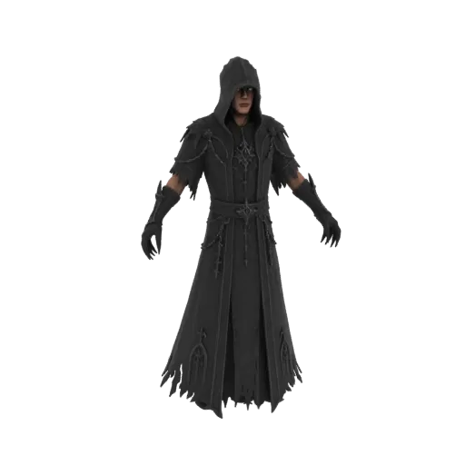 3D model of a dark hooded figure wearing tattered robes and gloves, with a mysterious face partially visible under the hood.