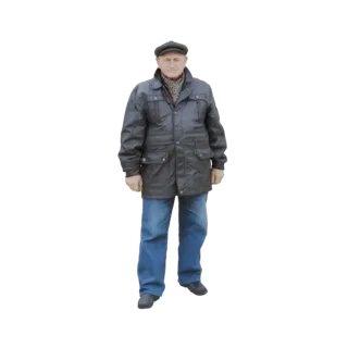 Modelo 3D de um homem idoso em pé, vestindo um casaco escuro acolchoado, jeans azuis e uma boina.