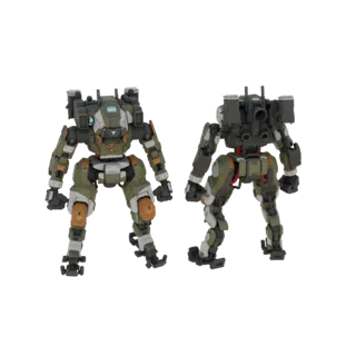 Vues avant et arrière d'un modèle 3D du Titan IMC Ogre de Titanfall, montrant sa palette de couleurs verte, blanche et orange