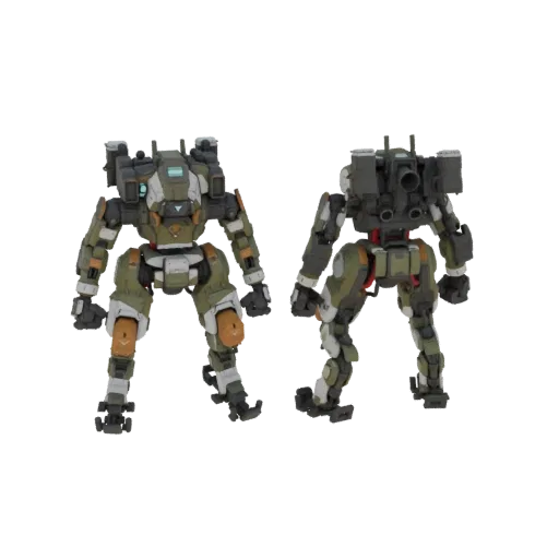 Front and back views of a 3D model of the IMC Ogre Titan from Titanfall, showcasing its green, white, and orange color scheme